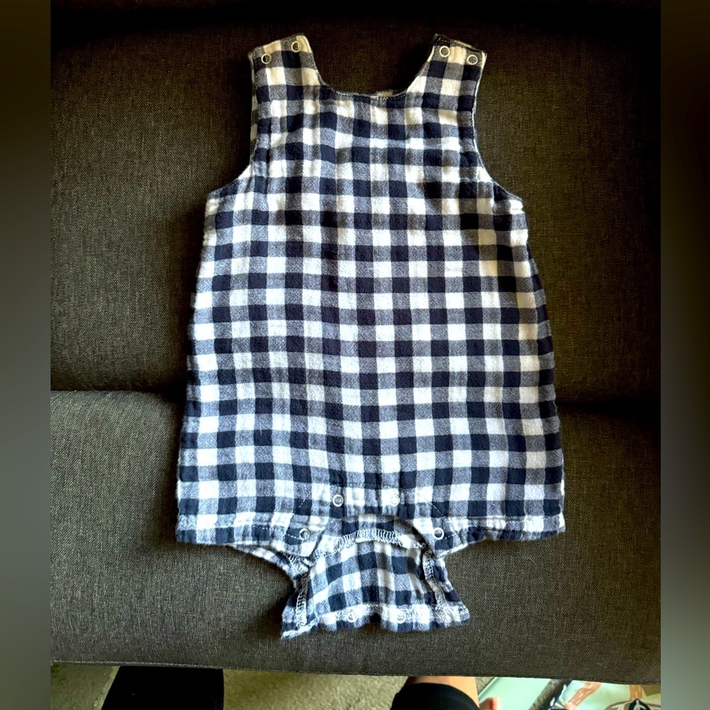 Blue and white sleeveless gingham romper, size 3-6 months by Angel Dear